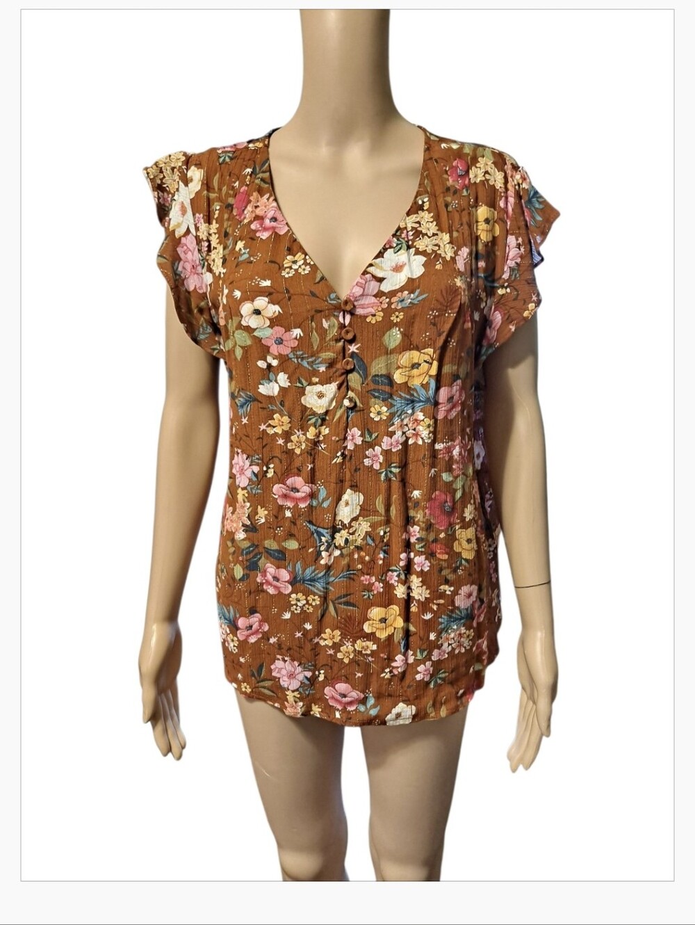 Rachel Roy Brown Floral V-Neck Top